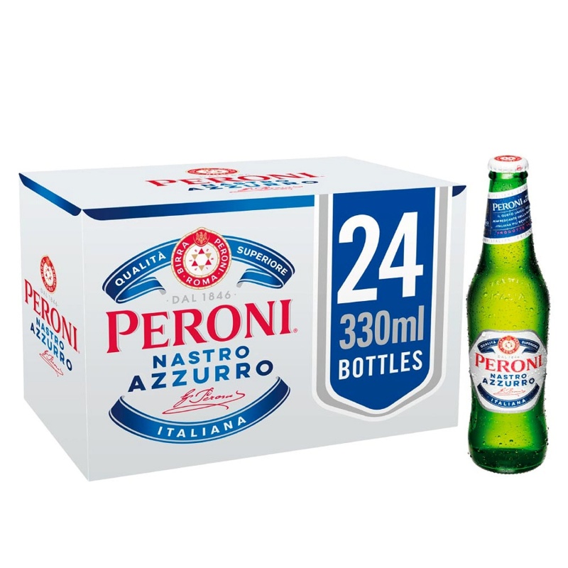 Bia Ý thương hiệu Peroni với thiết kế chai màu xanh lá đẹp mắt