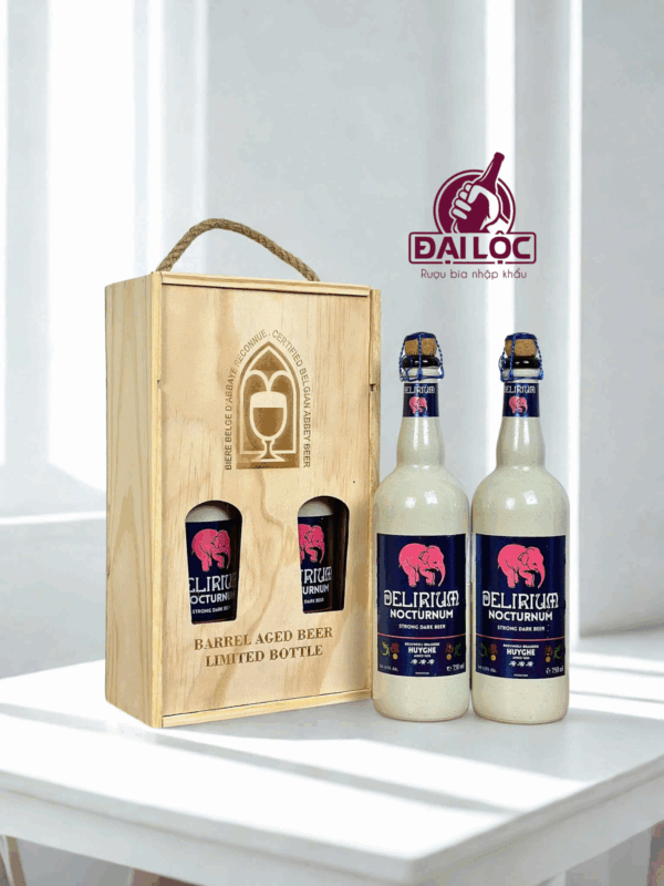 Hộp Quà Bia Delirium Nocturnum 8,5% Bỉ – Hộp Gỗ 2 chai 750ml