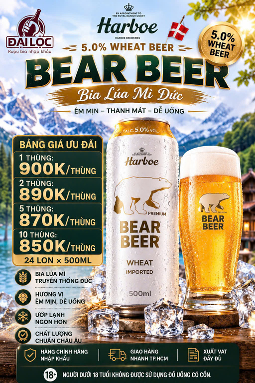 Bear Beer Wheat 5% (Bia Gấu Trắng) - Thùng 24 lon 500ml