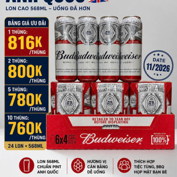 Bia Budweiser UK 4,5% nhập khẩu Anh Quốc – Thùng 24 lon 568ml (Pint)