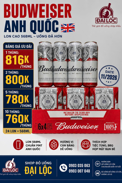 Bia-budweiser-anh-quoc Bia Budweiser UK 4,5% nhập khẩu Anh Quốc – Thùng 24 lon 568ml (Pint)