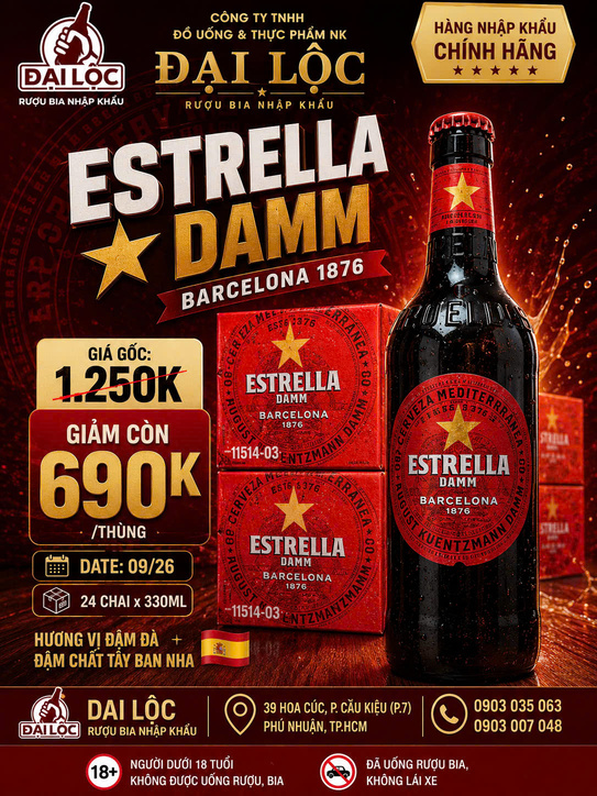 Bia Estrella Damm 4,6% Tây Ban Nha Khuyến Mại