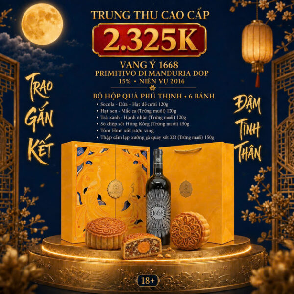 Hộp Quà Trung Thu Vang Ý 1668 Primitivo Di Manduria + 6 bánh