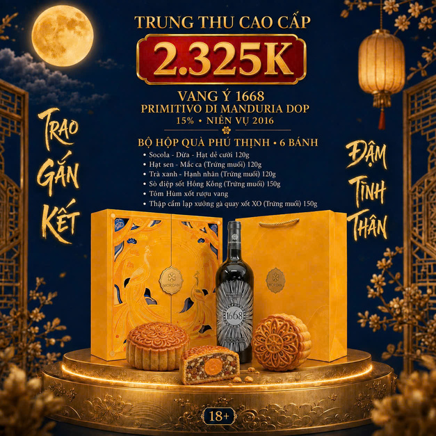 Hộp Quà Trung Thu Vang Ý 1668 Primitivo Di Manduria + 6 bánh
