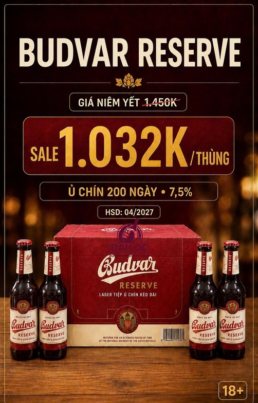 Bia Budweiser Budvar Reserve 7,5% Thùng 24 Chai 330ml
