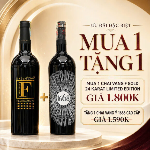 Mua 1 Tặng 1: Vang F Gold 24K Tặng Vang Ý 1668 Primitivo 15%